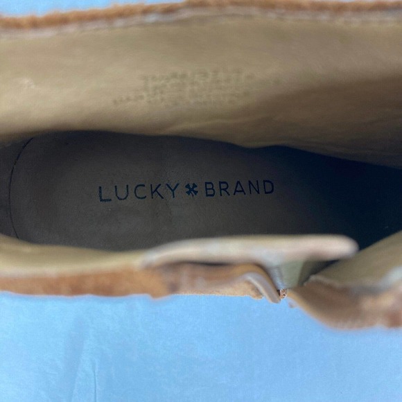 Lucky Brand Boots Womens Sz 7.5 Linnea Tan Suede Leather Gold Studded Heel Ankle - Picture 6 of 11